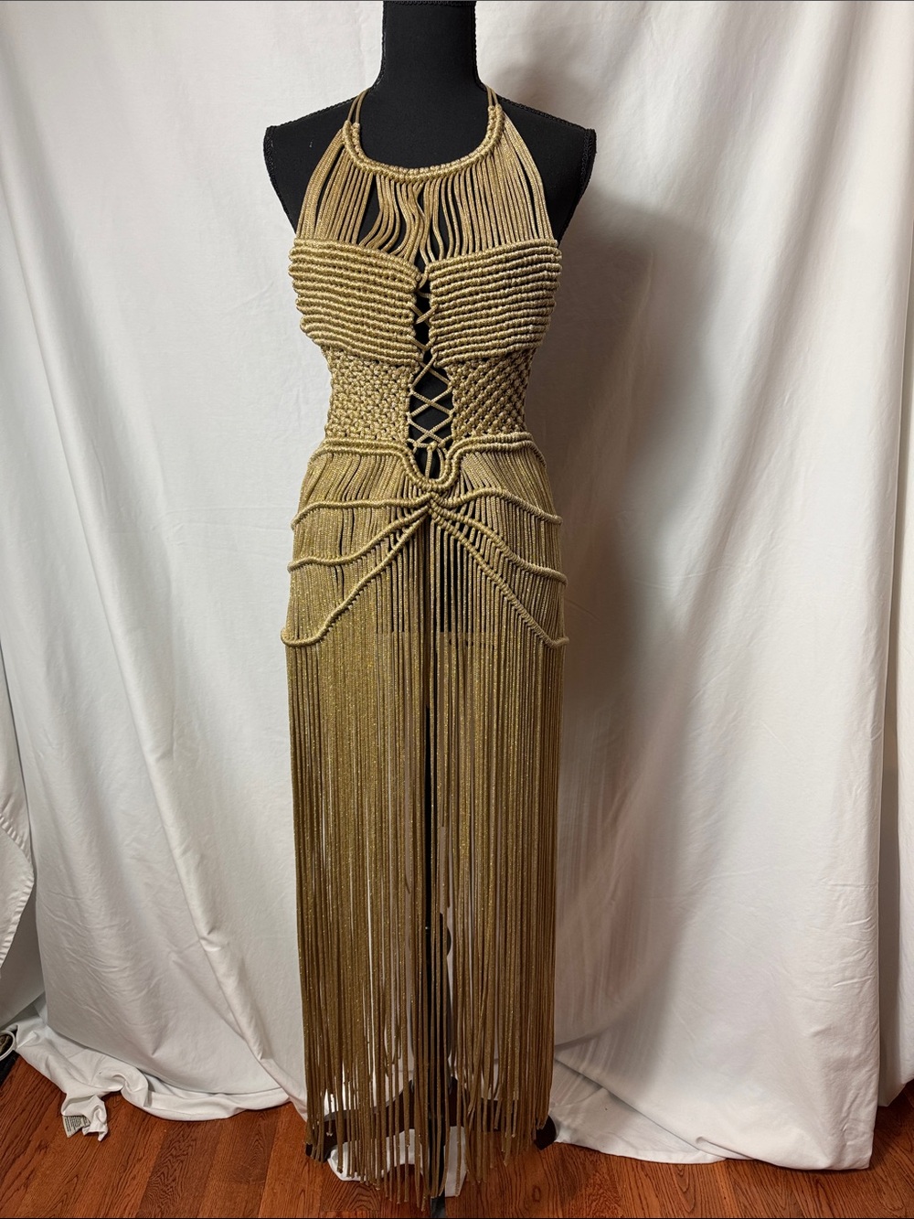 Gold Macramé Fringe Maxi Dress by